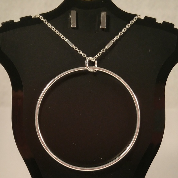 Necklace earring set silver circle ring bar simple - Picture 1 of 4
